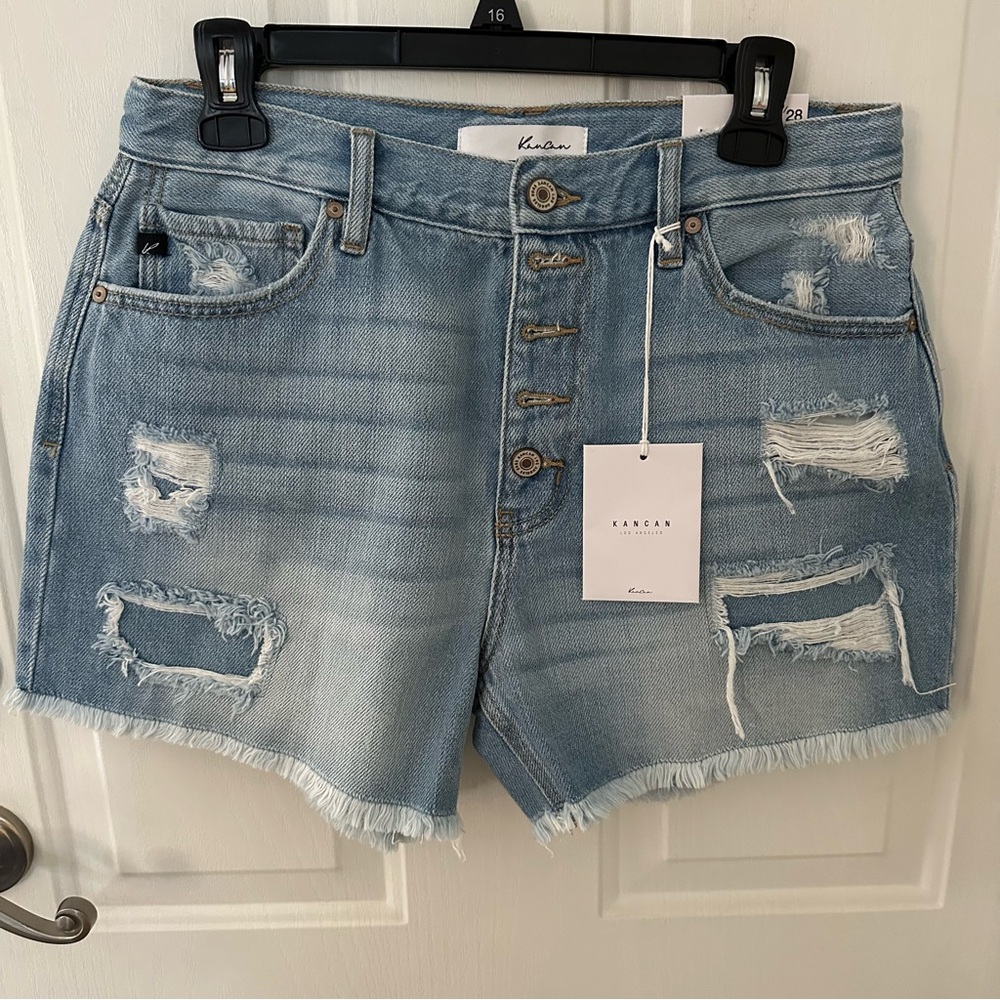 Kancan Tilda High Rise Distressed Button Fly Denim Shorts - Picture 2 of 10